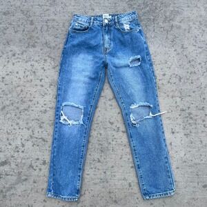 Princess Polly High Rise Distressed Straight Leg Jeans Medium Wash Blue Size 8